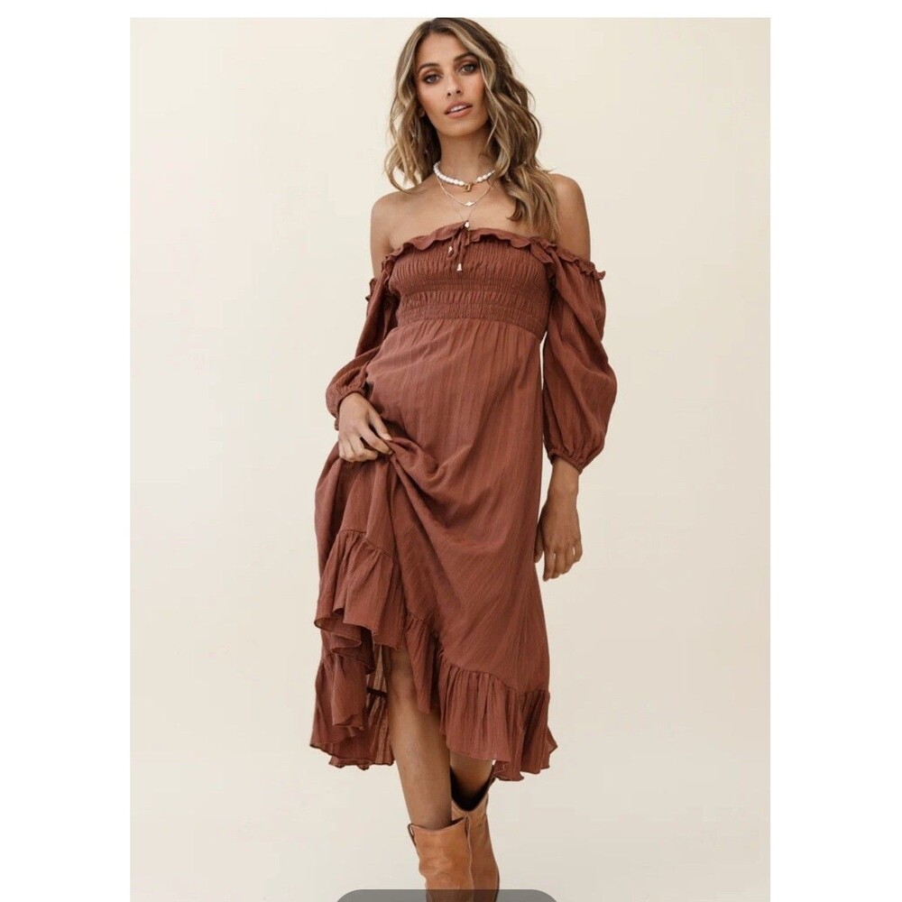 Selfie Leslie Burnt Orange Maternity Photo Engagement Midi Dress Size L